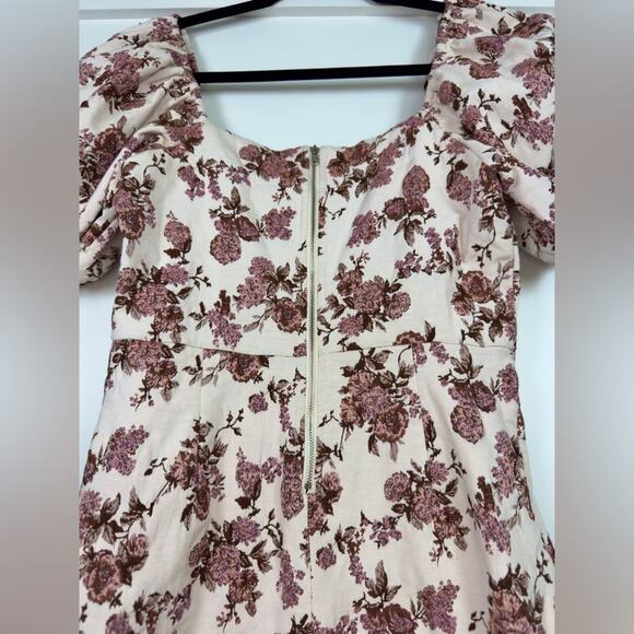 Aqua Brocade Puff Sleeve Pink Floral Dress Size Small - Picture 5 of 9